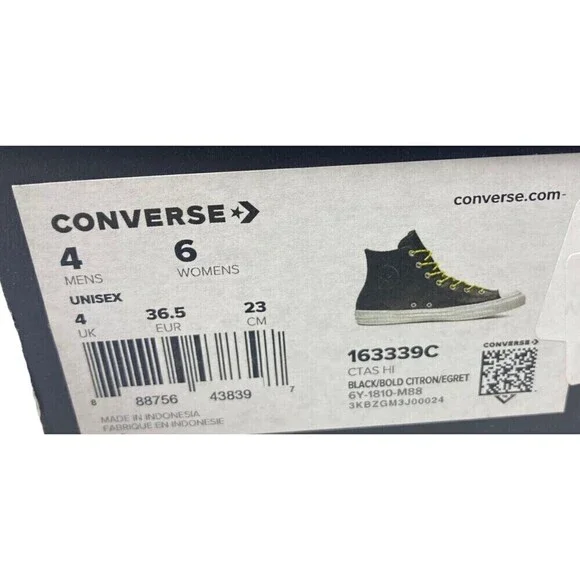 Converse CTAS Hi Shoes Size Men's 4 Women's 6 Leather Black Bold Citron - Picture 13 of 14